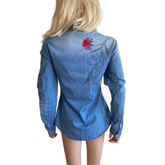 Sinclair Wear Western Denim Flower Shirt Embroidered Cotton Button Down - Picture 6 of 16